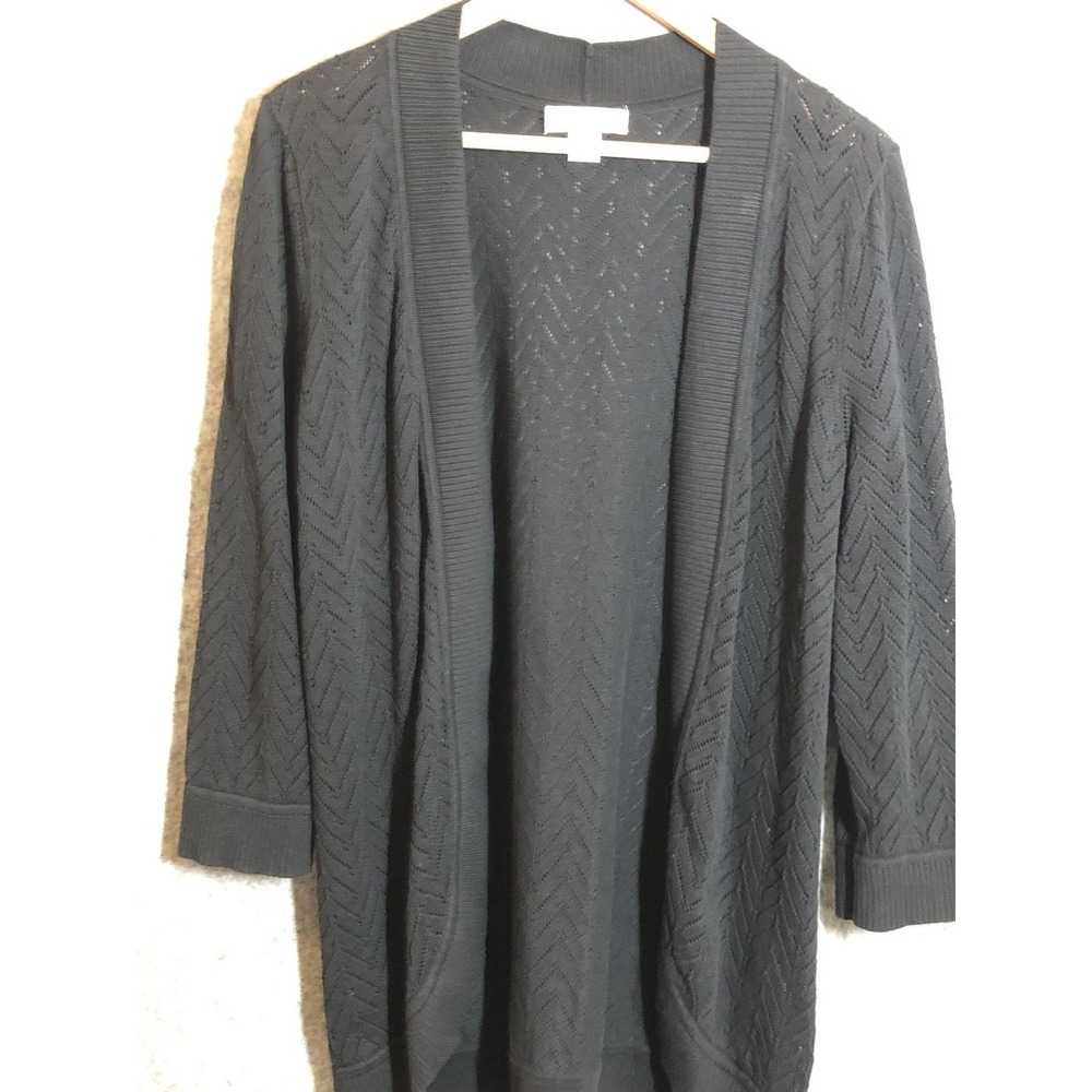 Christopher & Banks Sweater Womens XL Black Open Knit Cardigan 3/4 Sleeve